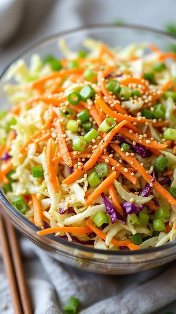 A bowl of crunchy Asian cabbage salad with shredded cabbage, carrots, and green onions topped with sesame seeds.