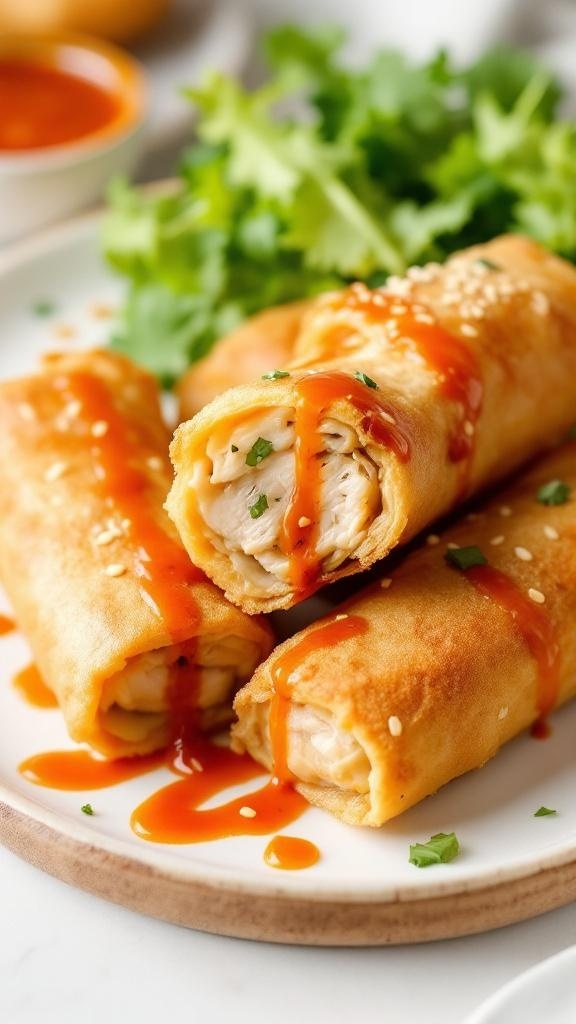 Crunchy chicken spring rolls drizzled with sweet chili sauce, garnished with sesame seeds and served with fresh greens.