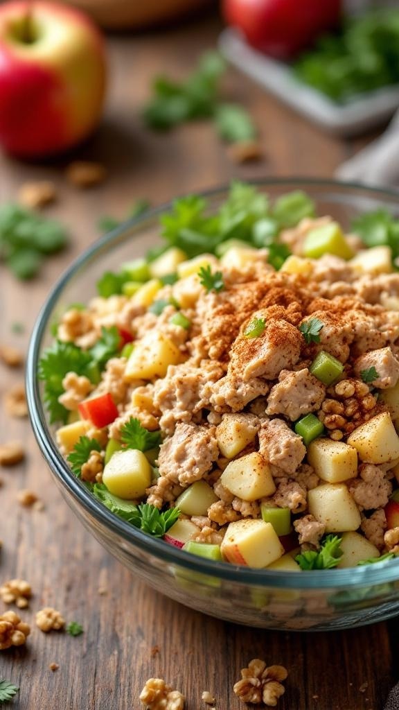 A bowl of crunchy tuna salad with apples and nuts, garnished with herbs, on a wooden table.