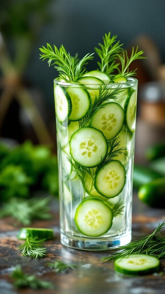 A refreshing glass of cucumber detox water with dill, showcasing sliced cucumbers and herbs.