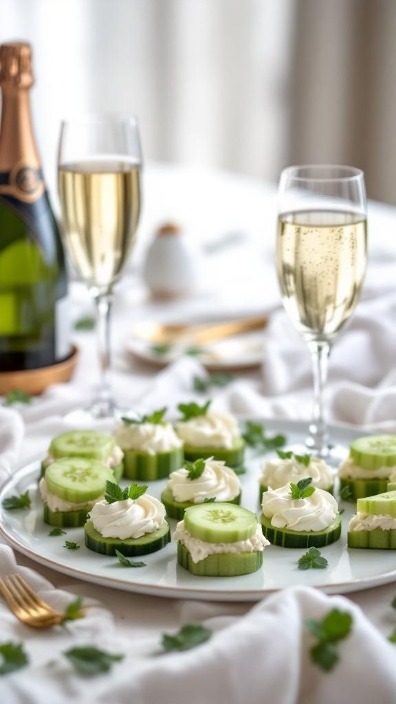 A platter of cucumber sandwiches with cream cheese, garnished with herbs, alongside glasses of champagne.