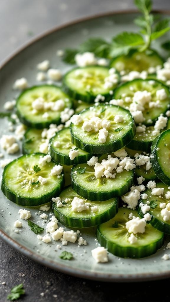 A plate of cucumber slices topped with crumbled feta cheese and garnished with herbs.