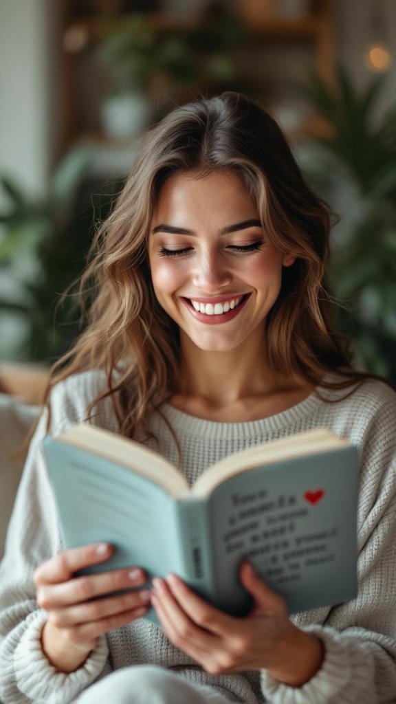 A woman with a joyful smile reading a book, surrounded by plants.