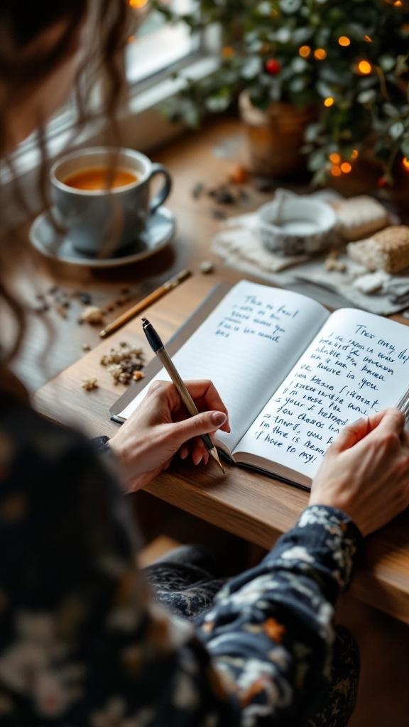 A person writing in a gratitude journal with a cup of tea and a lantern in the background.