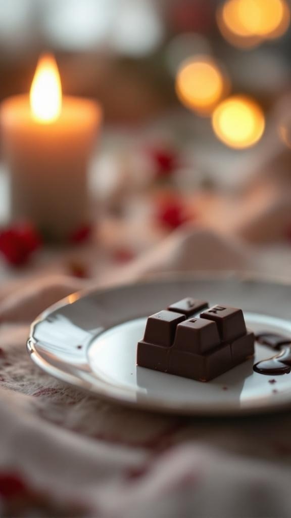 A piece of dark chocolate on a plate with a candle and soft lighting in the background.