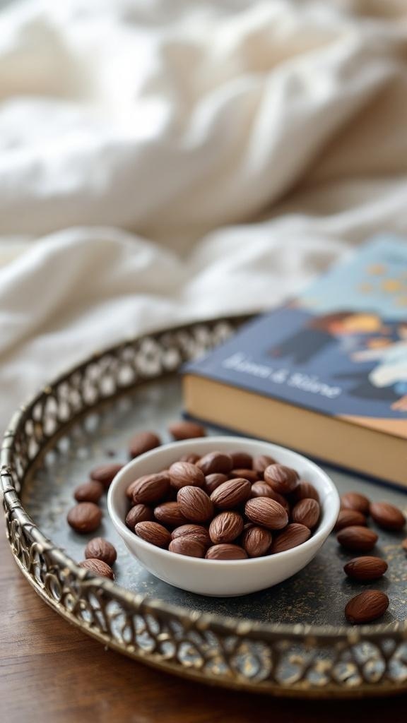 A bowl of dark chocolate almonds on a decorative tray, surrounded by raw almonds and a book.
