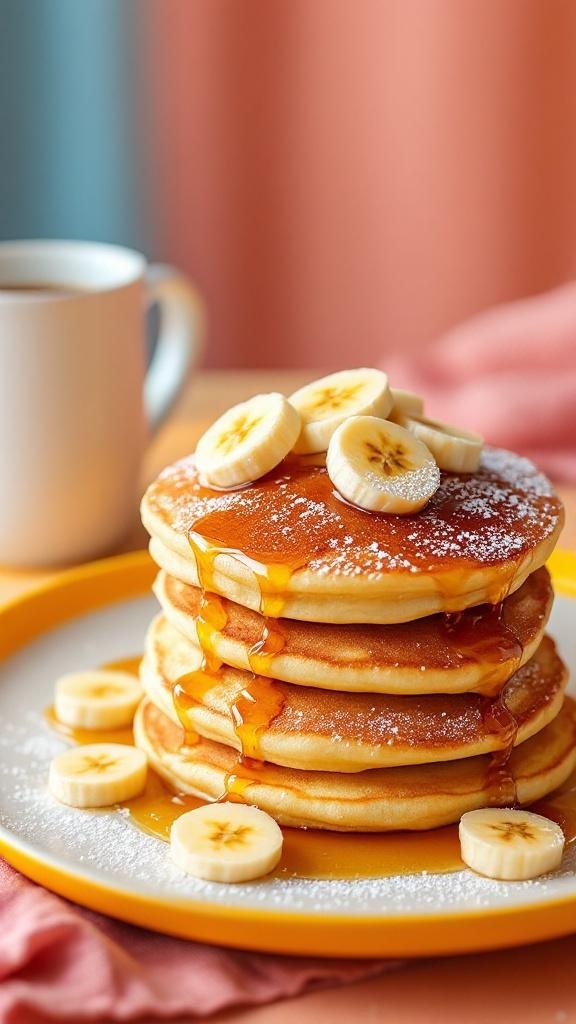 Stack of banana pancakes topped with banana slices and syrup, with a cup of coffee in the background.