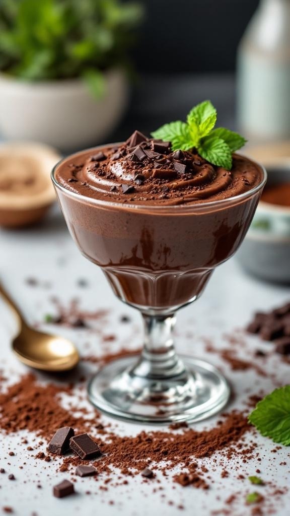 A glass of chocolate chia seed pudding topped with mint and chocolate shavings, surrounded by cocoa powder and chocolate pieces.