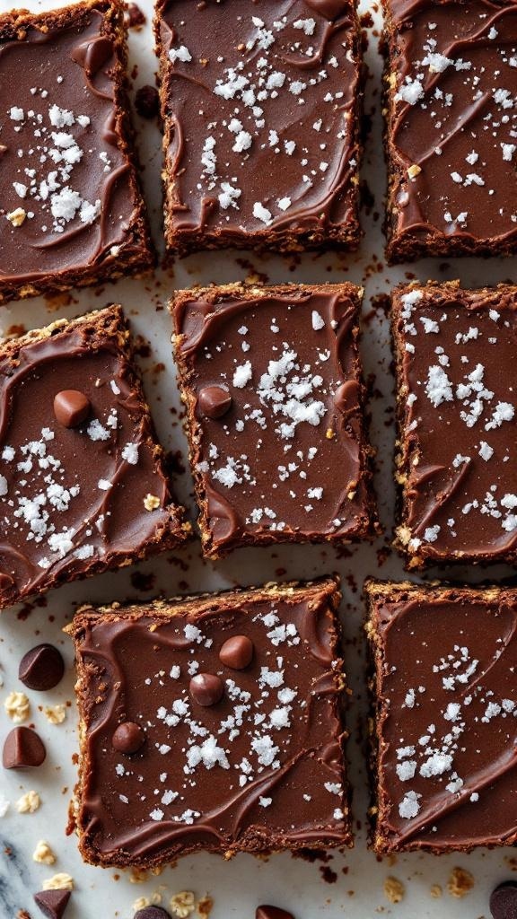 Delicious dark chocolate protein bars topped with sea salt, surrounded by chocolate chips.