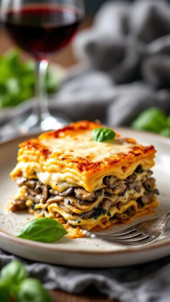 A delicious slice of squash and mushroom lasagna on a plate with a glass of red wine in the background.