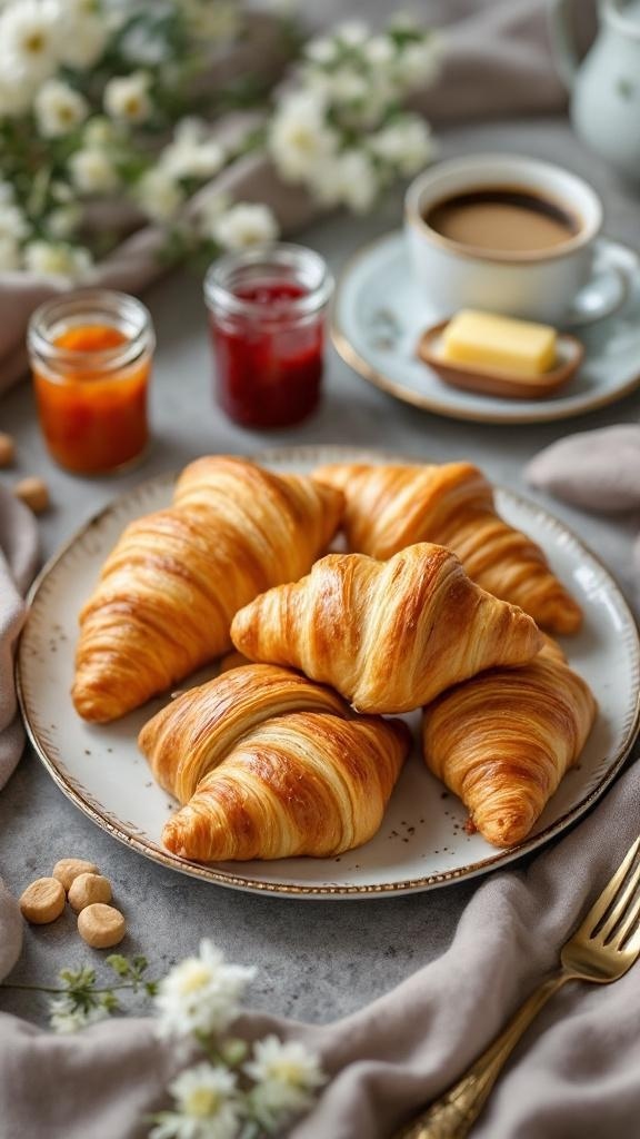 A plate of freshly baked croissants with jars of jam and a cup of coffee, set for breakfast in bed.