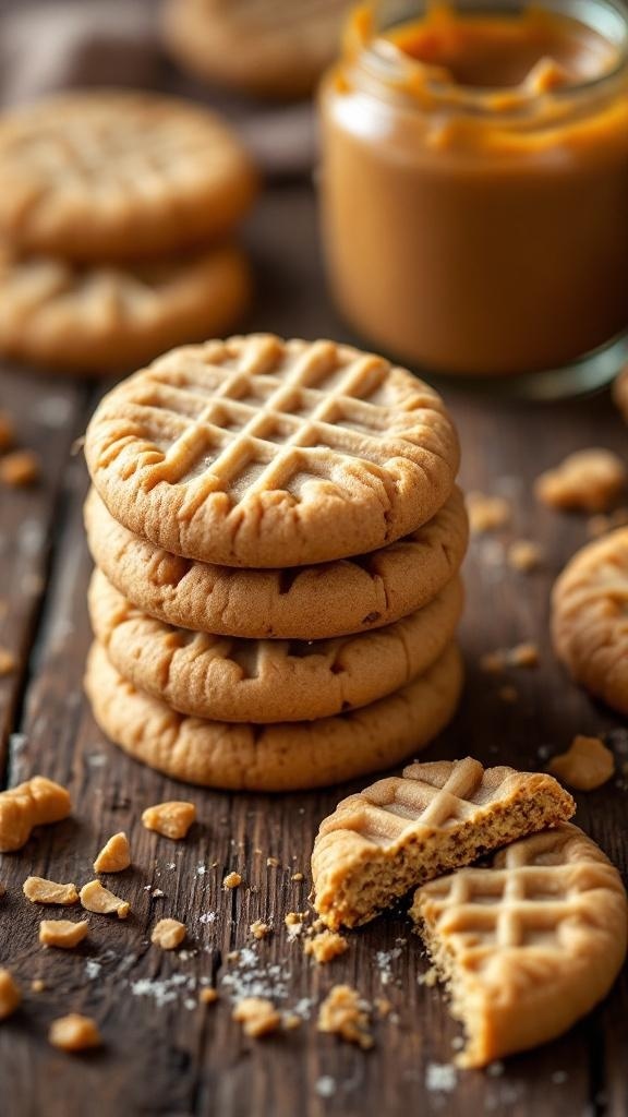 A stack of peanut butter cookies with a jar of peanut butter in the background.