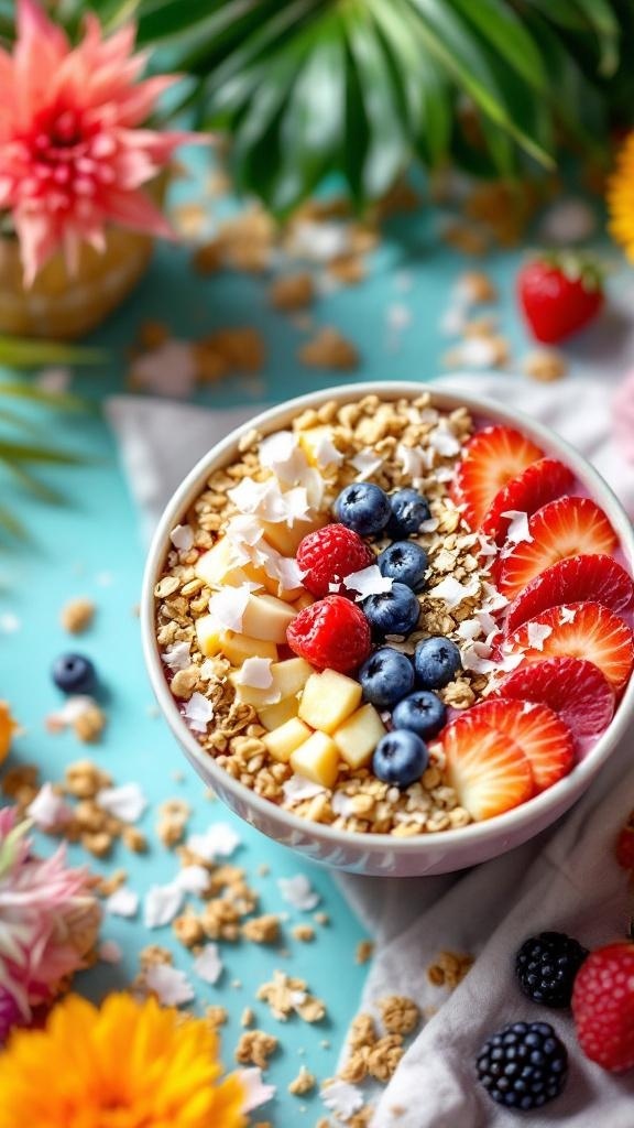 A colorful vegan smoothie bowl topped with fruits and granola.