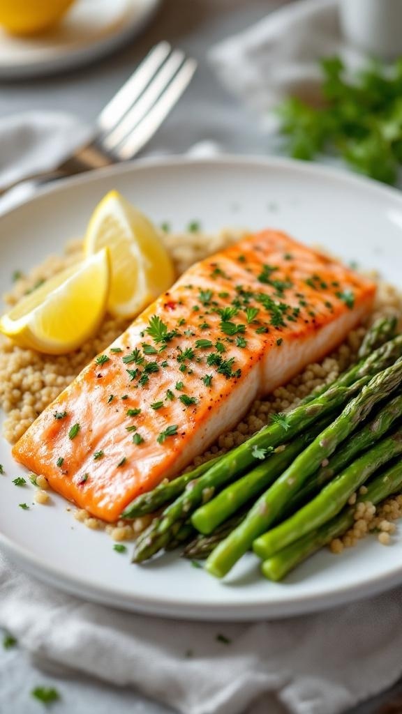 Baked salmon with herbs, asparagus, and couscous on a white plate
