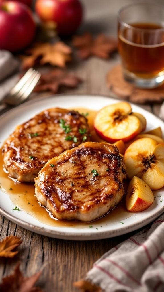 Apple cider glazed pork chops served with apple slices on a plate, surrounded by autumn leaves.