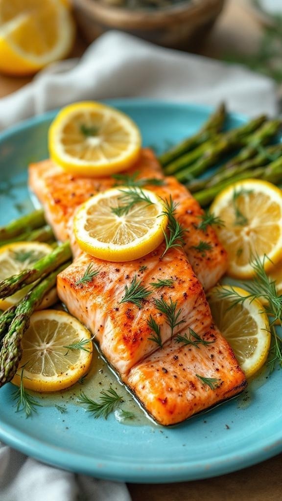 Baked salmon with asparagus and lemon slices on a blue plate.