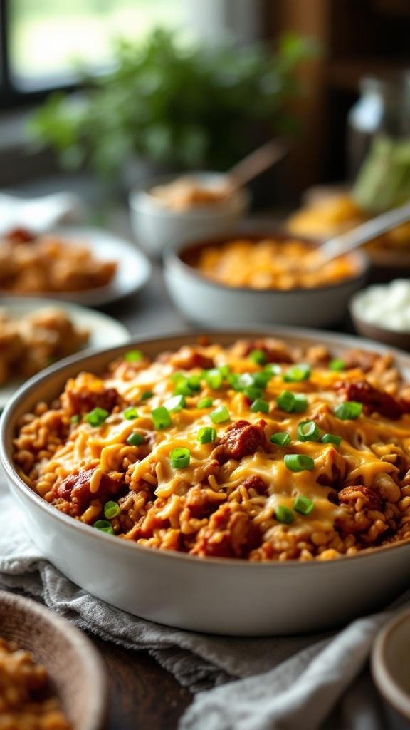A delicious BBQ chicken and rice bake topped with cheese and green onions, served in a bowl.