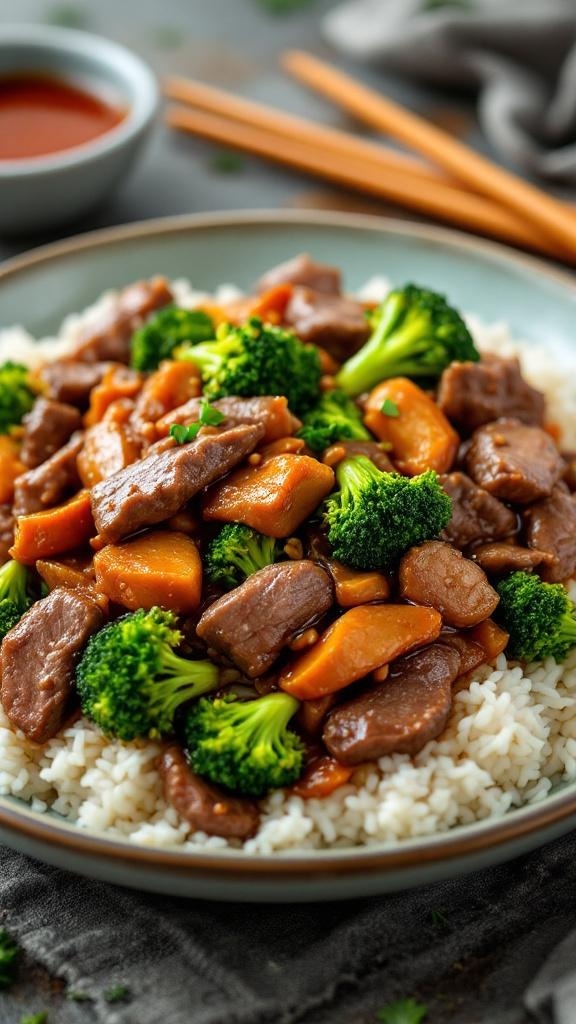 A delicious beef and broccoli stir-fry served over rice with vibrant colors.