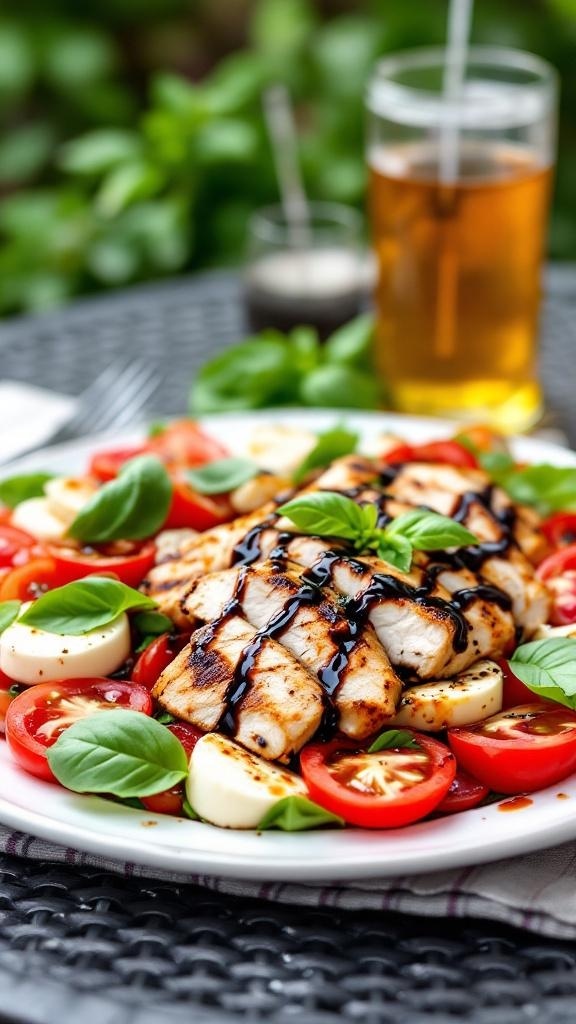 A vibrant Caprese salad with grilled chicken, fresh tomatoes, mozzarella, and basil, drizzled with balsamic glaze.