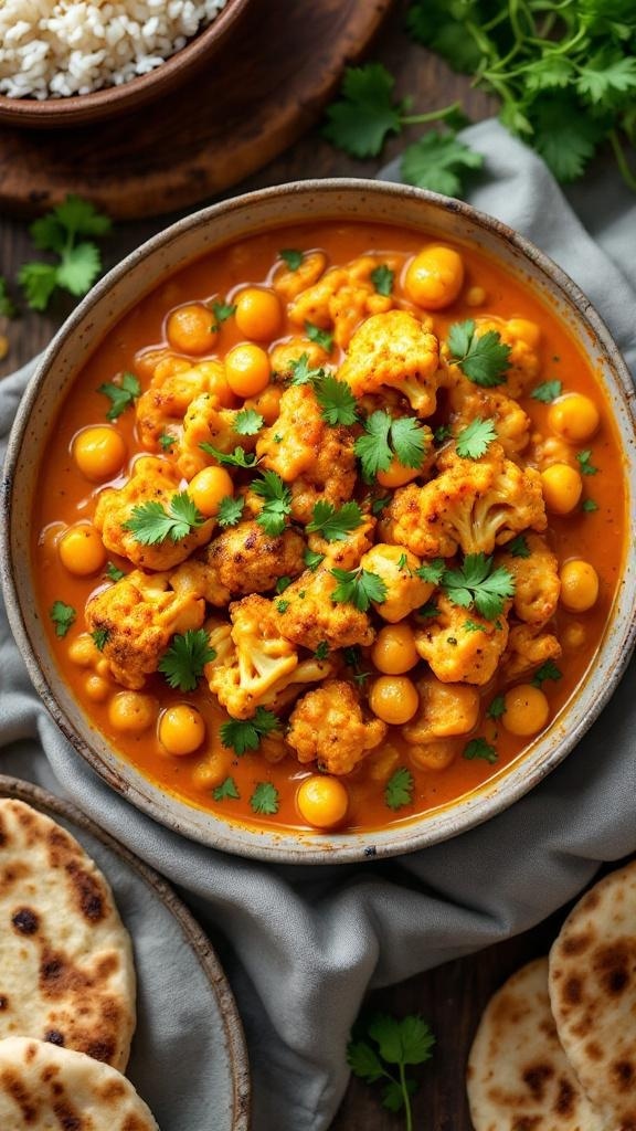 A bowl of cauliflower and chickpea curry garnished with cilantro, served with naan and rice.