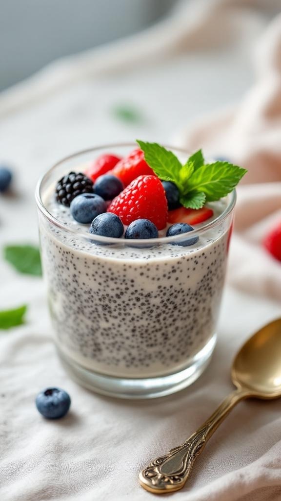 Chia seed pudding topped with fresh berries and mint leaves