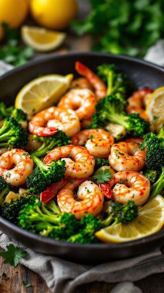 A bowl of lemon garlic shrimp and broccoli with lemon slices and fresh herbs