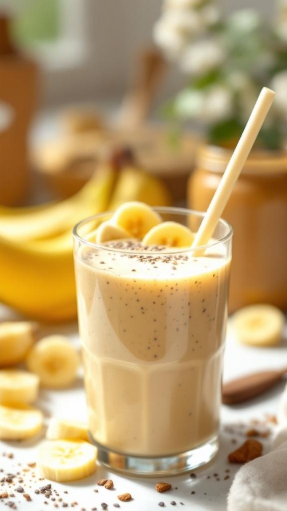 A creamy peanut butter banana smoothie in a glass with banana slices on top and chia seeds, surrounded by fresh bananas.