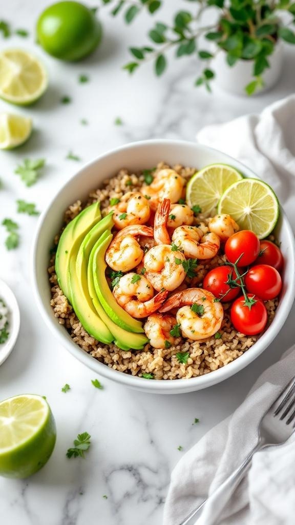 Shrimp and avocado rice bowl with lime and cherry tomatoes