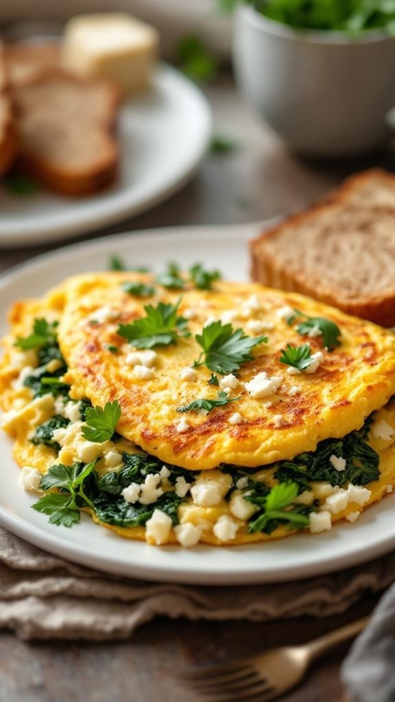 A delicious spinach and feta omelette served on a plate with a slice of bread.