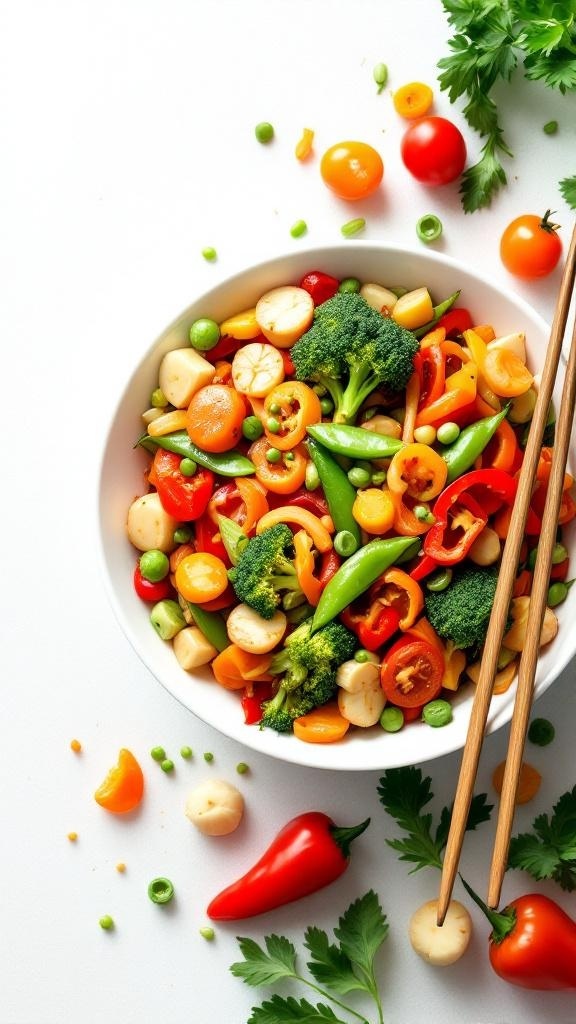 A colorful veggie stir-fry with broccoli, bell peppers, snap peas, and cherry tomatoes in a bowl with chopsticks.