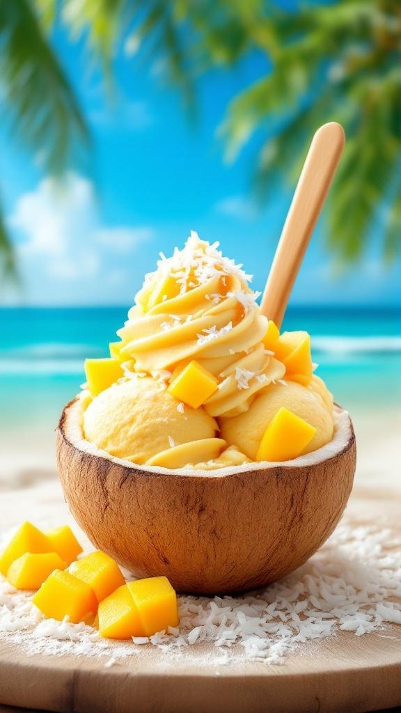 A bowl of mango coconut ice cream topped with shredded coconut and mango chunks, set against a tropical beach background.