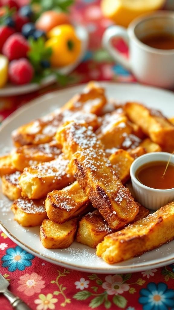 A plate of golden-brown French toast sticks with powdered sugar and syrup, surrounded by fresh fruit.