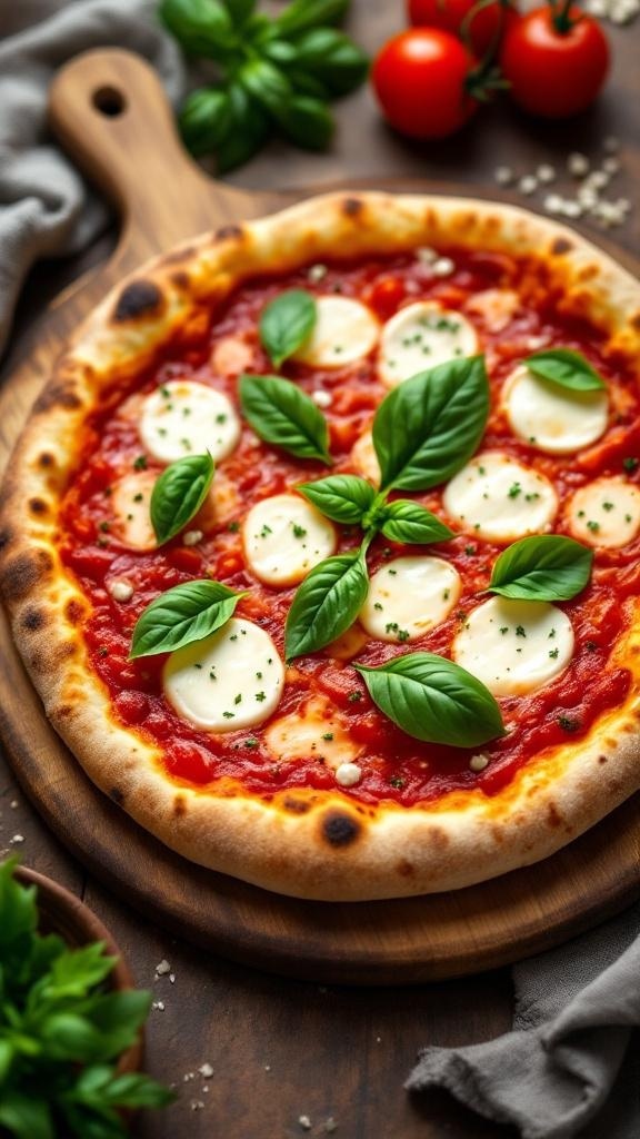 A delicious Margherita pizza topped with fresh mozzarella, basil, and tomato sauce on a wooden board.