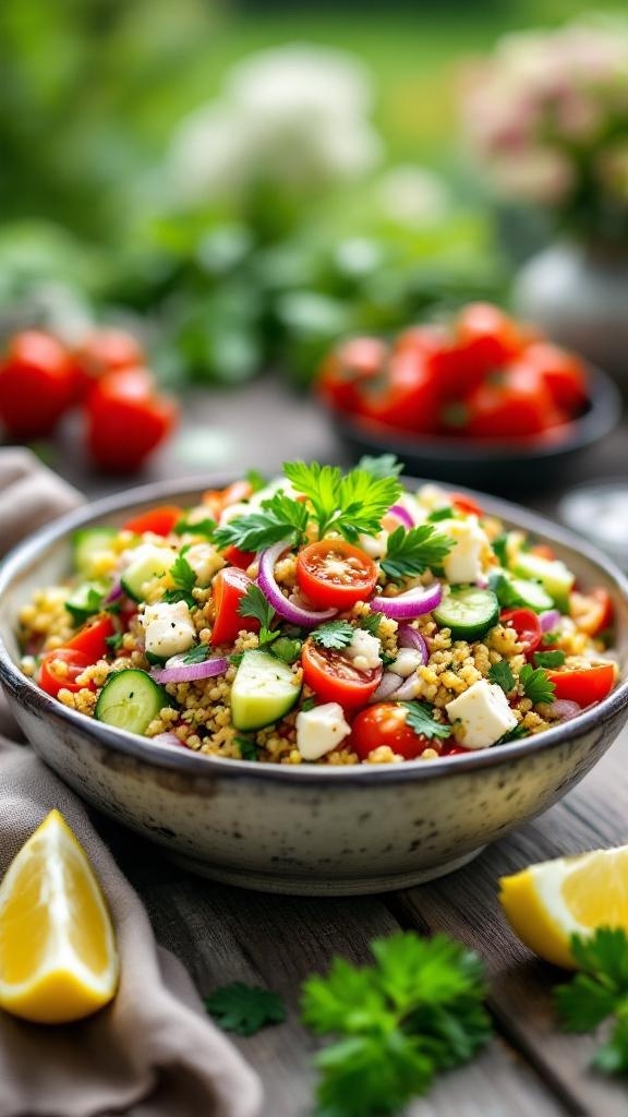 A vibrant Mediterranean quinoa salad with cherry tomatoes, cucumbers, red onion, feta cheese, and parsley in a bowl.