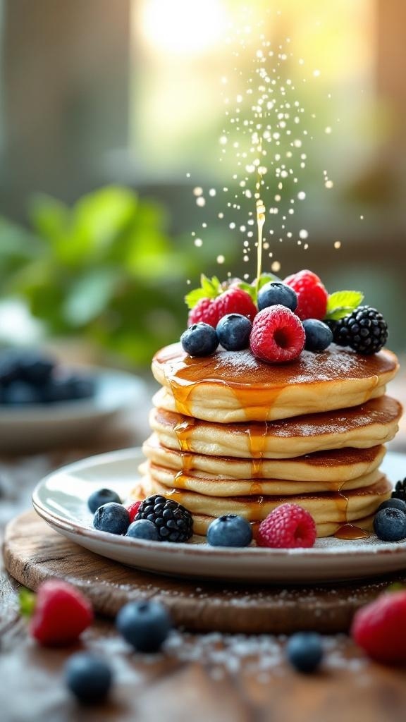 A stack of vegan pancakes topped with fresh berries and syrup.