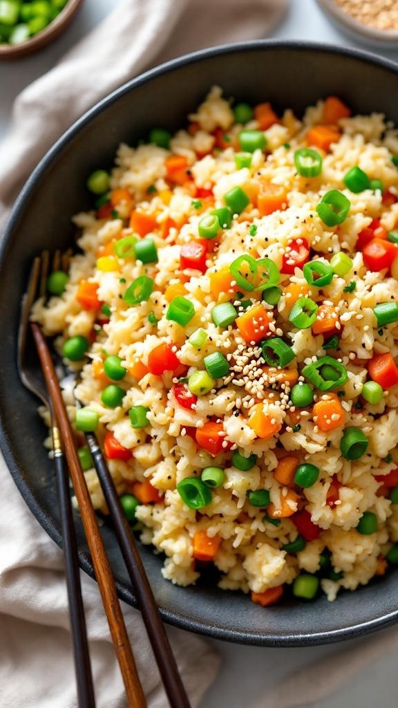 A bowl of colorful cauliflower fried rice with vegetables and green onions.