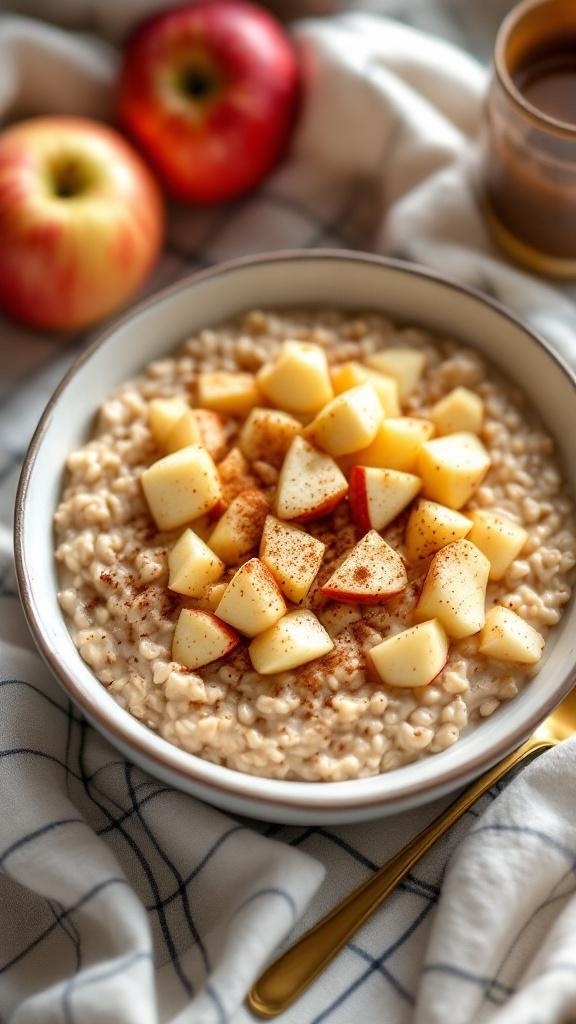 A bowl of cinnamon apple overnight oats topped with diced apples and cinnamon, with red apples in the background.