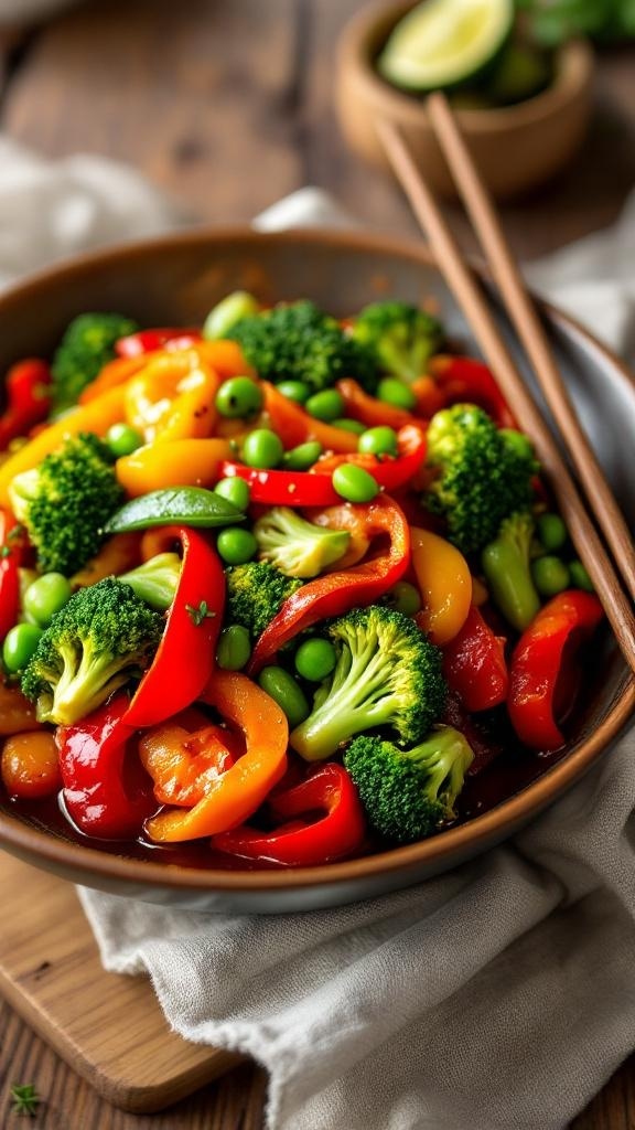 A colorful vegetable stir-fry with broccoli, bell peppers, and snap peas in a bowl.