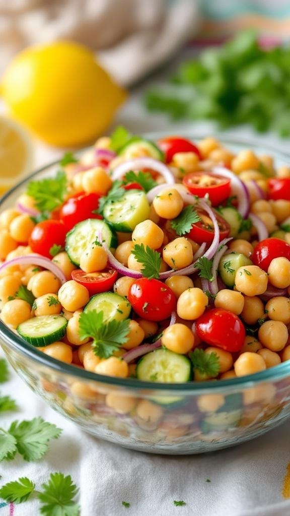 A colorful Mediterranean Chickpea Salad with chickpeas, cherry tomatoes, cucumbers, red onions, and cilantro in a glass bowl.