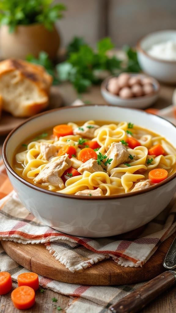 A bowl of hearty chicken noodle soup with carrots and herbs, served with bread.