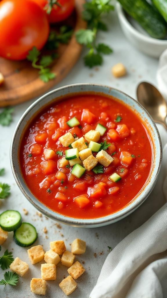 A bowl of gazpacho topped with diced cucumbers and croutons, surrounded by fresh vegetables.