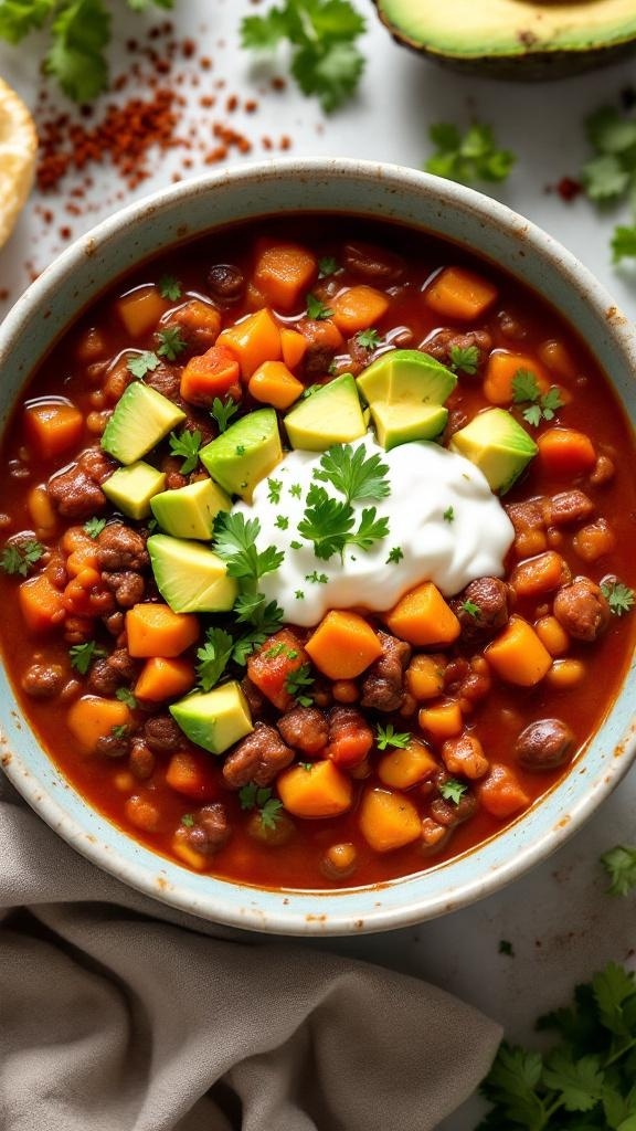 A bowl of beef and sweet potato chili topped with avocado and cilantro, surrounded by fresh ingredients.
