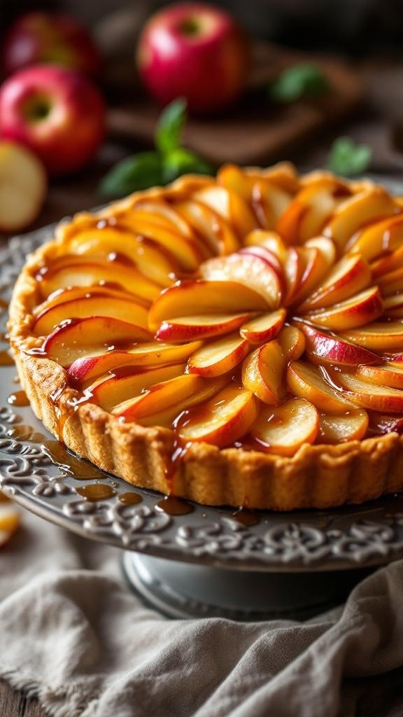 A caramelized apple tart with glossy apple slices on a decorative plate.
