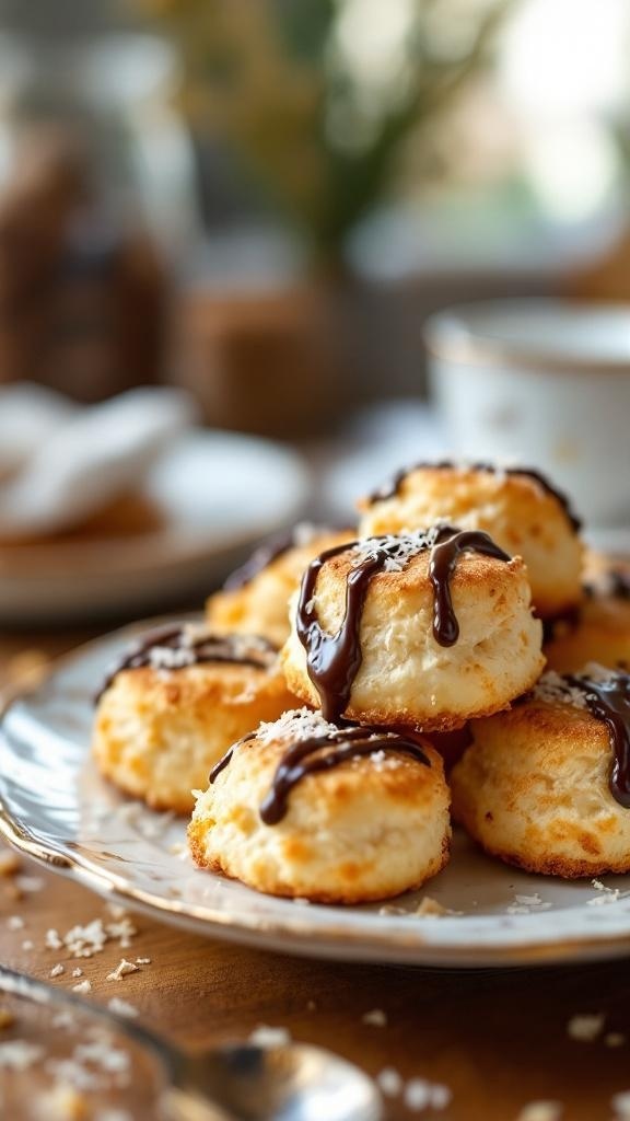 A plate of coconut macaroons drizzled with chocolate, showcasing a delicious gluten-free dessert.