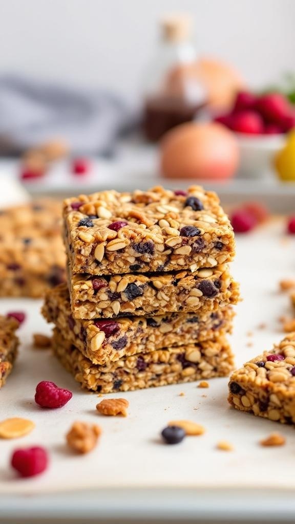 A stack of homemade fruit and nut granola bars with scattered nuts and berries around them.