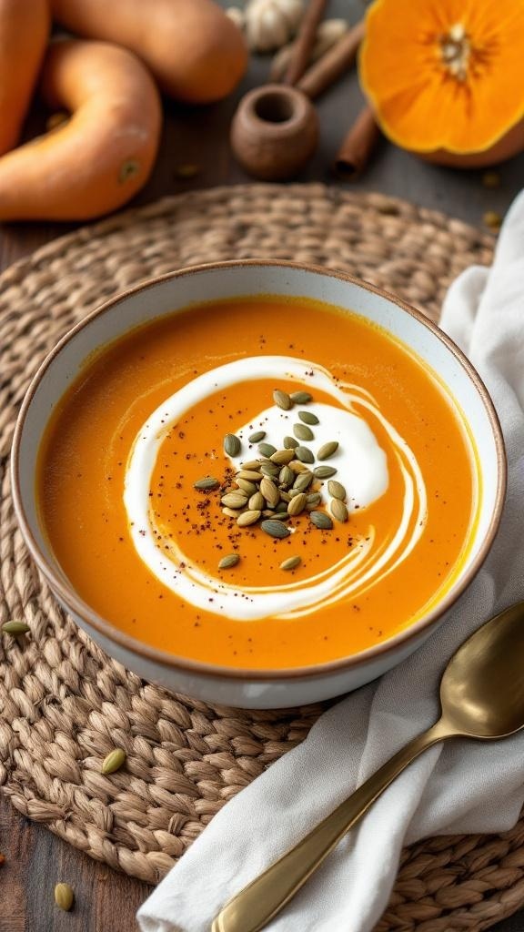 A bowl of creamy sweet potato soup garnished with yogurt and pumpkin seeds, surrounded by sweet potatoes and spices.