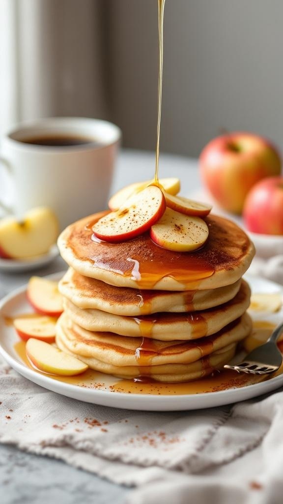 A stack of apple cinnamon pancakes topped with apple slices and syrup, with a cup of coffee in the background.
