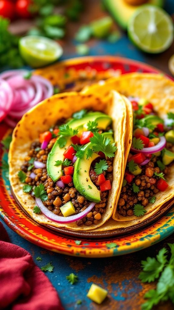 Spicy vegan tacos with lentils, avocado, and fresh vegetables on a colorful plate.