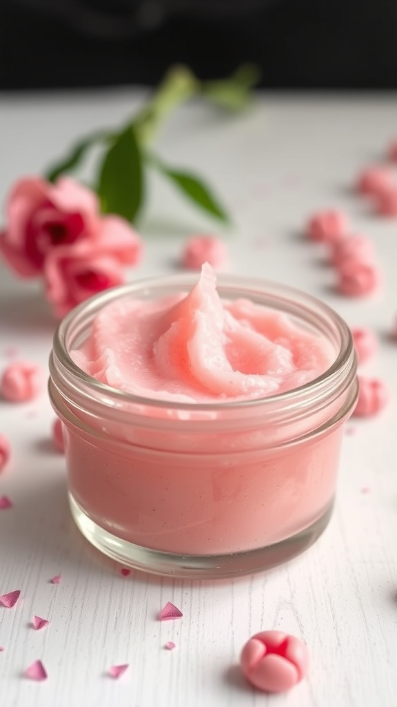 A bowl of pink lip scrub with a woman's lips in the background