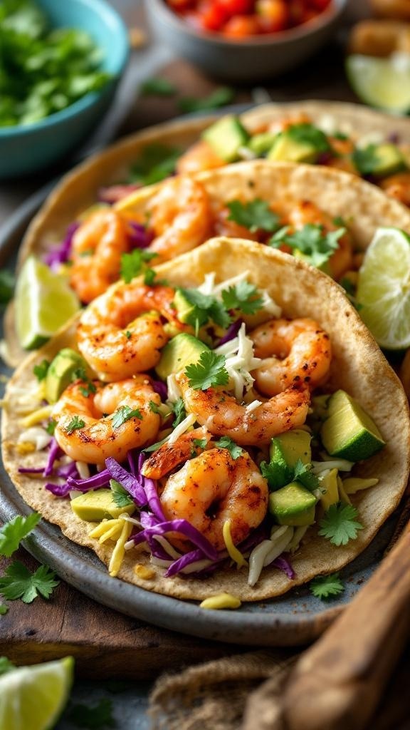 Delicious shrimp tacos with avocado and cabbage on a plate